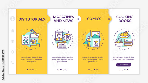Online library catalogue onboarding vector template. Comics, Cooking books. Responsive mobile website with icons. DIY Tutorials. Webpage walkthrough step screens. RGB color concept