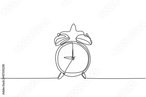Single continuous line drawing of retro classic metal alarm clock with ring bell. Loud ringing alarm timer for waking up reminder concept. Modern one line draw design graphic vector illustration