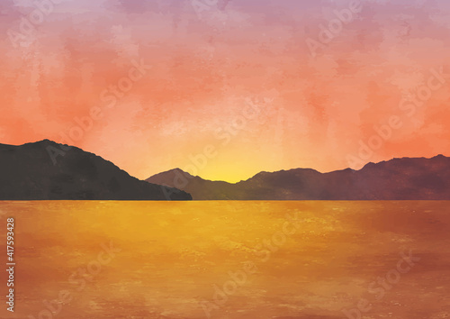 夕日と山と海の風景水彩画