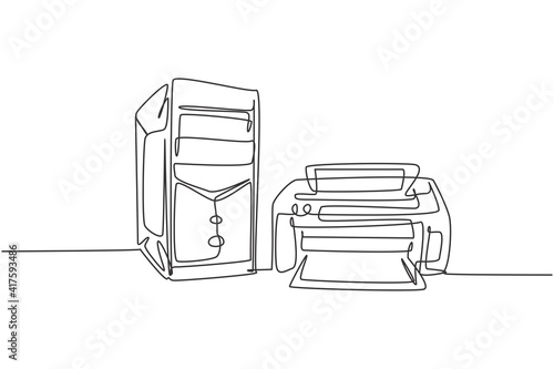One continuous line drawing of cpu computer and printer for small office appliance. Electricity home business equipment template concept. Trendy single line draw design vector graphic illustration