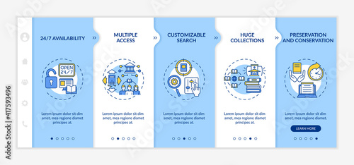 Online library benefits onboarding vector template. Huge collection. Multiple access. Customazible search. Responsive mobile website with icons. Webpage walkthrough step screens. RGB color concept
