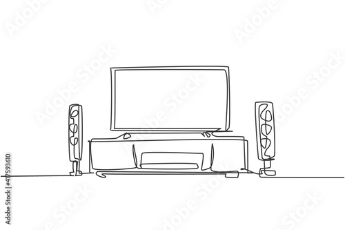 One continuous line drawing of home theater with stereo audio system speaker. Electricity living room gadget concept. Trendy single line draw design vector graphic illustration