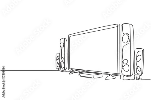 Single continuous line drawing of luxury expensive home theater with great speaker sound system. Electronic living room home appliance concept. Modern one line draw design graphic vector illustration