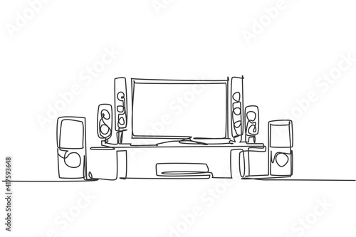 One continuous line drawing of luxury home theater home entertainment. Electricity living room furniture gadget template concept. Trendy single line draw design vector graphic illustration