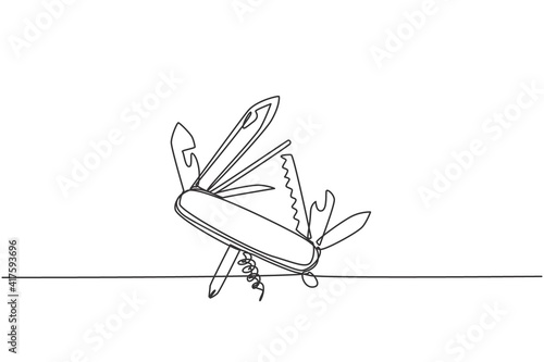 One single line drawing of multi purpose pocket knife with blade, scissor, hover, opener. Camping outdoor multi function tools concept. Dynamic continuous line graphic draw vector design illustration