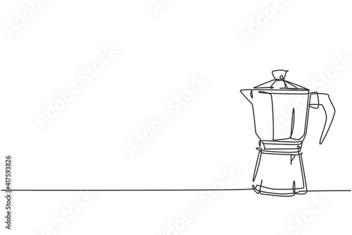 One single line drawing of coffeepot above the table at cafe. Electricity coffee drink maker tools concept. Dynamic continuous line graphic draw vector design illustration photo