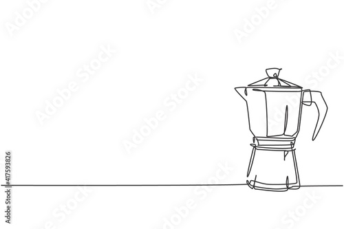 One single line drawing of coffeepot above the table at cafe. Electricity coffee drink maker tools concept. Dynamic continuous line graphic draw vector design illustration