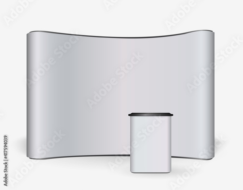 Exhibition Stand Blank Empty wall, trade show booth mock up. Exhibit Exposition. Front view. Vector detailed illustration eps10 isolated on white background. Ready Product Advertising. 3D Render