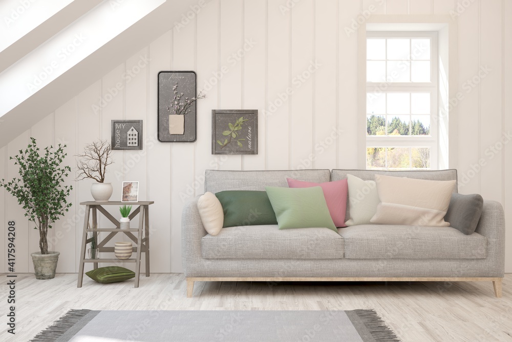 Fototapeta premium White living room with sofa. Scandinavian interior design. 3D illustration