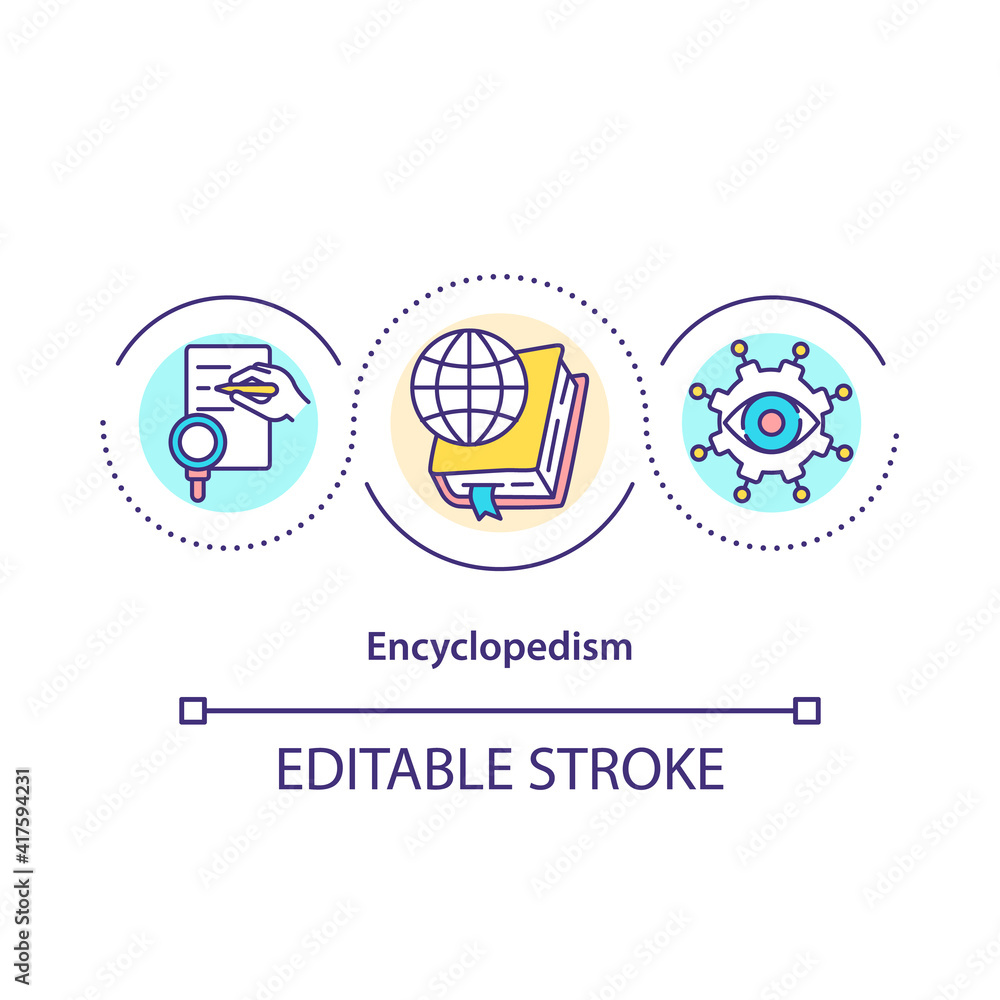 Encyclopedism concept icon. Wide range of knowledge centralized in single work. Discovery of new things idea thin line illustration. Vector isolated outline RGB color drawing. Editable stroke Encyclopedism concept icon. Wide range of knowledge centralized in single work. Discovery of new things idea thin line illustration. Vector isolated outline RGB color drawing. Editable stroke