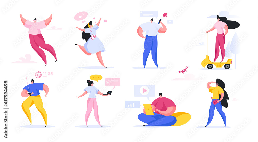 Modern people using various devices. Set of flat vector illustration