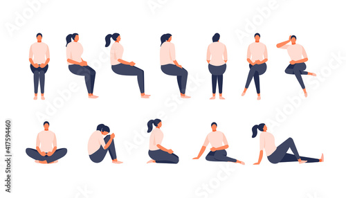 Sitting girl in various positions. Front, side, rear view, isometric view. Rotation and animation. Vector illustration