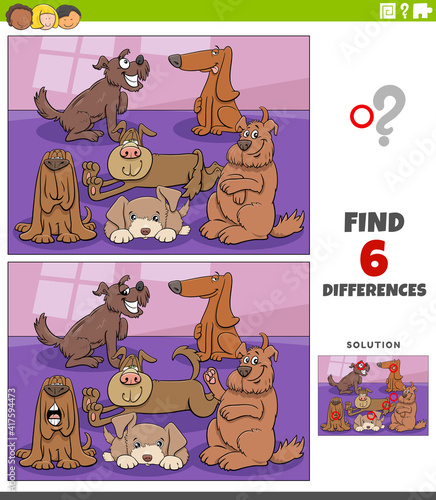 differences educational game with cartoon dogs and puppies