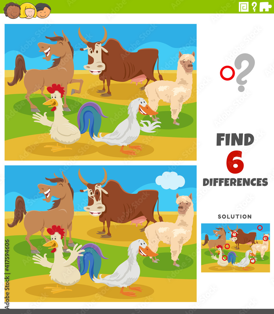 Fototapeta premium differences educational game with comic farm animals