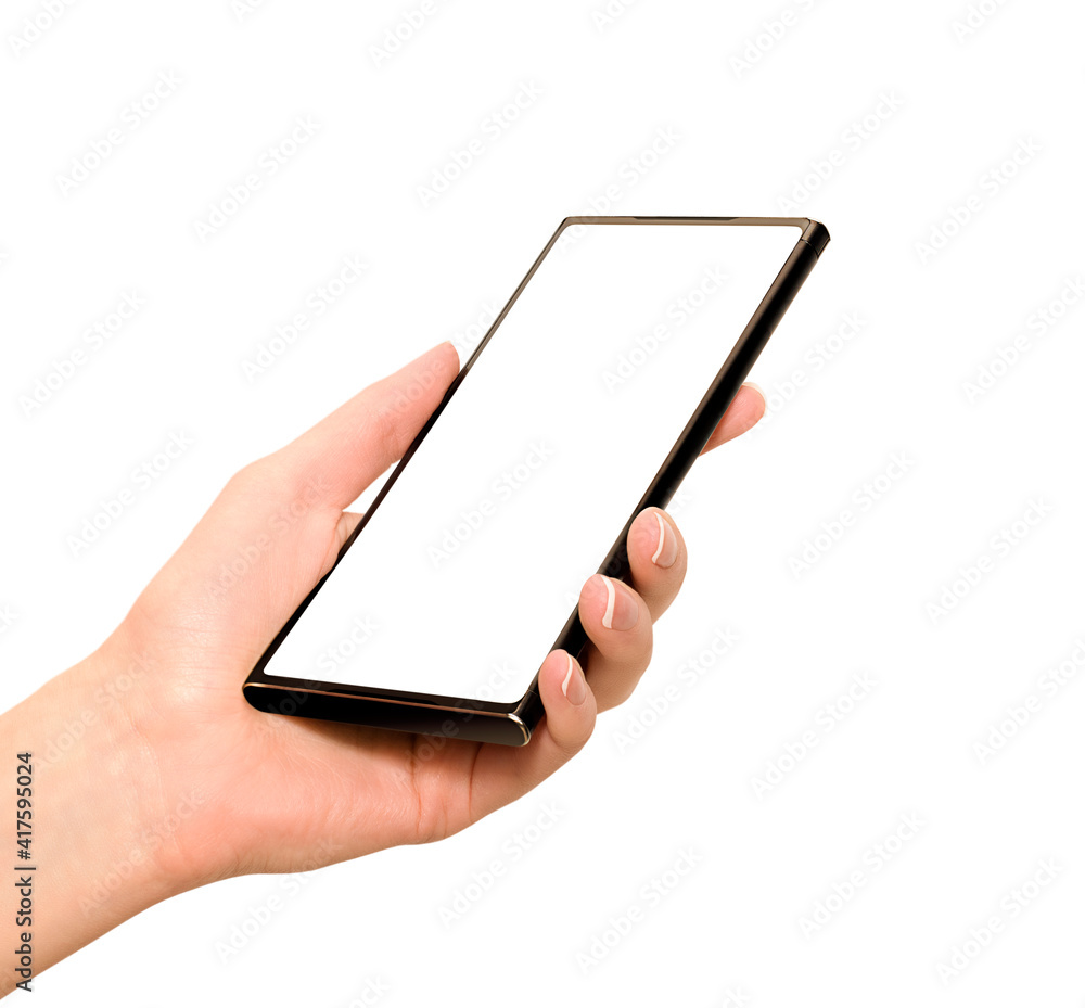 holding smartphone in hand with white copy space. isolated on white background holding smartphone in hand with white copy space. isolated on white background