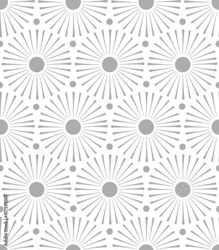 Sun and dots vector seamless pattern. Solar minimalistic geometric background. Boho sunny mandala abstract neutral backdrop