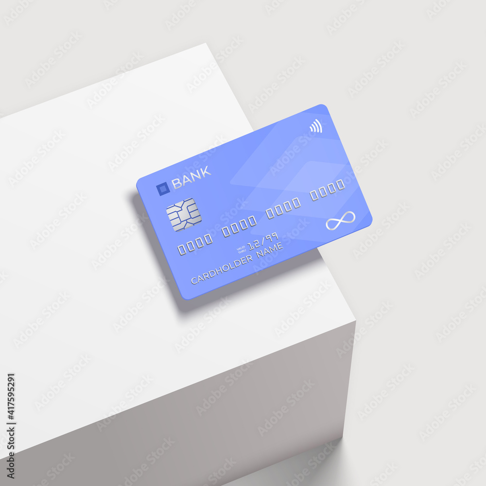 Bank card on a square white podium. Realistic mockup. Shopping discount plastic card. Template card for finance Bank card on a square white podium. Realistic mockup. Shopping discount plastic card. Template card for finance