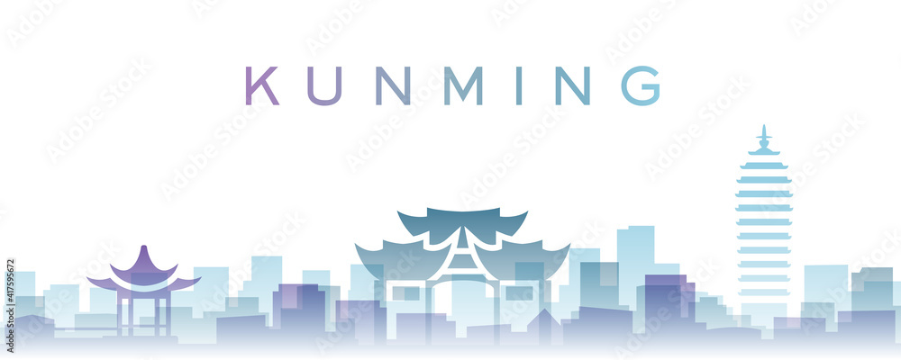 Naklejka premium Kunming Transparent Layers Gradient Landmarks Skyline