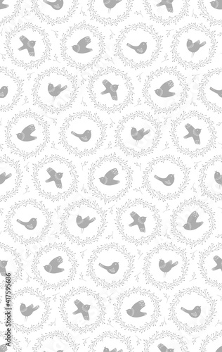 Easter Spring bird neutral grey vector seamless pattern. Illustration of flying birds in branch wreath for textile or wrapping surface. Happy Easter ornament for Christian spring holidays.