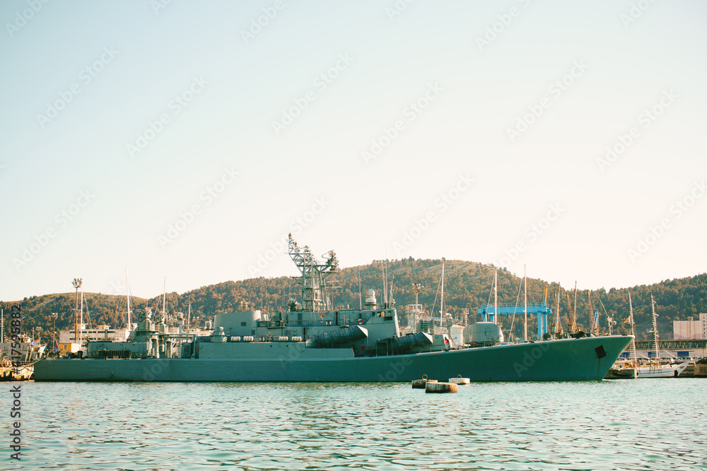A warship moored in the port of Bar in Montenegro.