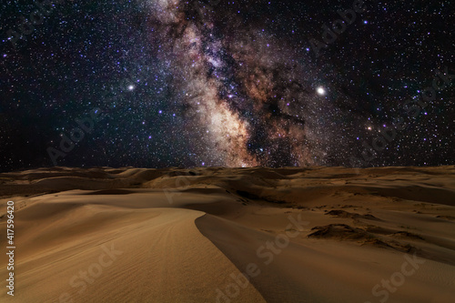 Amazing views of desert under the night starry sky. in the Arabian Empty Quarter Desert, UAE. Rub' al Khali