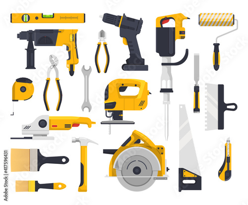 Work tools flat icons set, construction, carpentry woodwork and masonry vector instruments. Building and repair power tools electric drill, rotary hammer and painting brush roll, saw and grinder plane