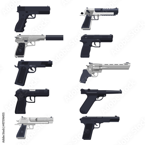 Guns, modern handguns and firearm pistols or revolvers, different models, vector flat illustration. Guns weapon, military army and war ammunition, shooting range bullet colt with silencer and trigger