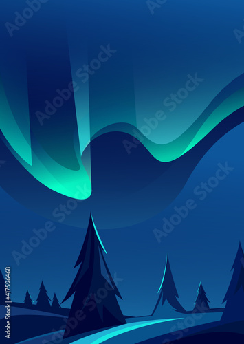 Beautiful northern lights. Landscape with natural light show in vertical orientation.