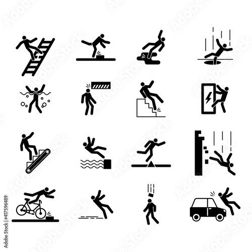 Accident icons, people injury caution and safety signs, vector danger risk warning and attention symbols. People accident falling, slippery floor or stumble mind step, car warning and electric shock