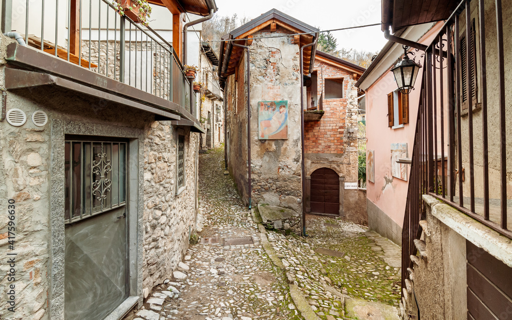 Ancient street at painters village Arcumeggia in province of Varese, Italy.