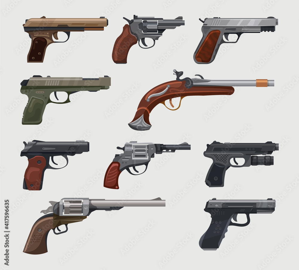 Guns, pistols and revolvers, vintage and retro classic handguns firearm, vector different models. Classic and ancient bullet barrel guns weapon, military army colts, duel and war ammunition