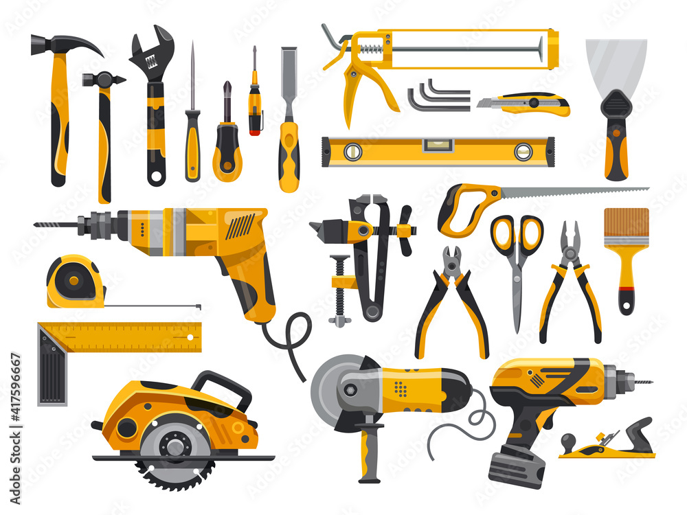 Work tools, construction instruments for repair, woodworking and  renovation, vector flat isolated yellow set. Home remodeling, carpentry and  masonry building tools, electric drill, screwdriver and saw Stock Vector |  Adobe Stock