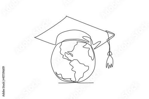 Earth globe with graduation hat. One line drawing of minimalist vector illustration design on white background. Isolated simple line modern graphic style. Hand drawn graphic concept for education