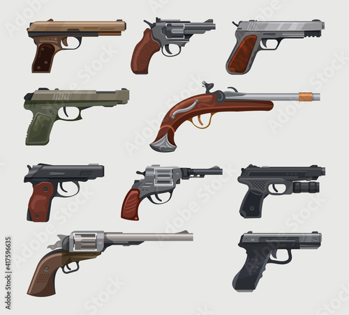 Guns, pistols and revolvers, vintage and retro classic handguns firearm, vector different models. Classic and ancient bullet barrel guns weapon, military army colts, duel and war ammunition