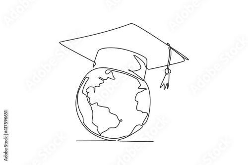 Graduation hat on earth globe. Single continuous line world global diploma graphic icon. One line draw doodle for education concept. Isolated vector illustration minimalist design on white background