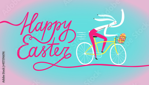 Easter rabbit cyclist, banner with calligraphy