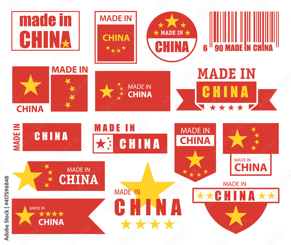 Made in China tags and labels, quality certificate, vector Chinese flag and star stamp. Made in China barcode seals and sticker badges, Asian manufacture warranty ribbons and brand factory banners