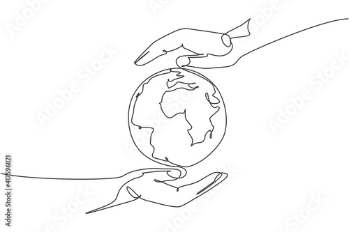 Hand hold globe earth. Single continuous line world global map graphic icon. Simple one line doodle for environment campaign concept. Isolated vector illustration minimalist design on white background