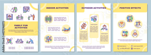 Family fun activities brochure template. Relax time with parents. Flyer, booklet, leaflet print, cover design with linear icons. Vector layouts for magazines, annual reports, advertising posters