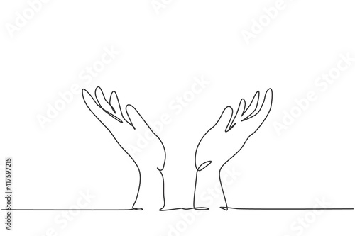 Single one line drawing of open hand gesture. Holding hand icon silhouette for organization concept. Infographics, charity presentation isolated on white background. Design vector graphic illustration