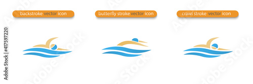 Set of Vector symbols depicting butterfly stroke, crawl stroke and back stroke swimmers. Swimming pool icon. Sports activity in water sign. Isolated in white background.