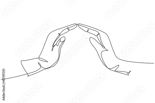Hands protect. Continuous one line drawing of hand gesture protection minimalist vector illustration design on white background. Isolated simple line modern graphic style. Hand drawn graphic concept