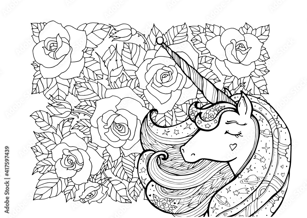 Unicorn and rose pattern. Magical animal. Space pattern, stars, sparkle, rainbow. Black and white. Coloring book pages. Zentangle Illustration. Fairy tale concept, amazing wonderland