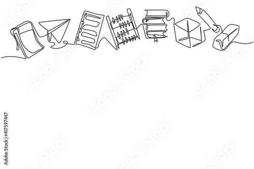 Continuous one line drawing of school equipment set, abacus, notepad, paper, pencil. Back to school hand drawn minimalism concept. Single line draw design for education vector graphic illustration