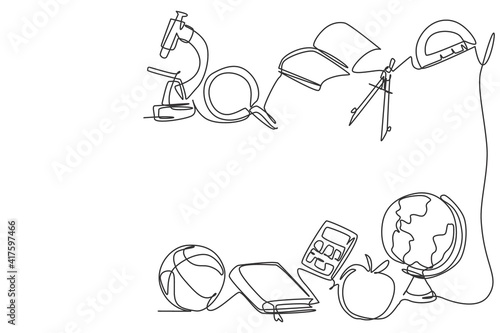 Single continuous line drawing of equipment school set such as book, globe, magnifier. Back to school minimalist style. Education concept. Modern one line draw graphic design vector illustration