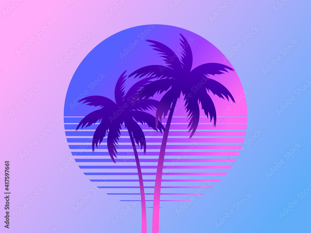 Fototapeta premium Two palm trees on a sunset 80s retro sci-fi style. Summer time. Futuristic sun retro wave. Design for advertising brochures, banners, posters, travel agencies. Vector illustration