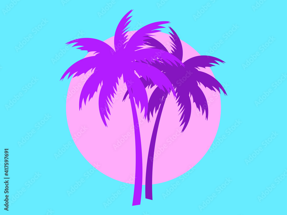Two palm trees against a pink sun in the style of the 80s. Synthwave and 80s style retrowave. Design for advertising brochures, banners, posters, travel agencies. Vector illustration