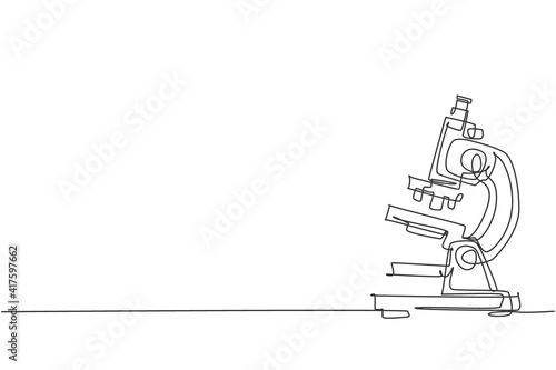 Single one line drawing of lab microscope to magnify bacteria size under the lens. Back to school minimalist, education concept. Continuous simple line draw style design graphic vector illustration