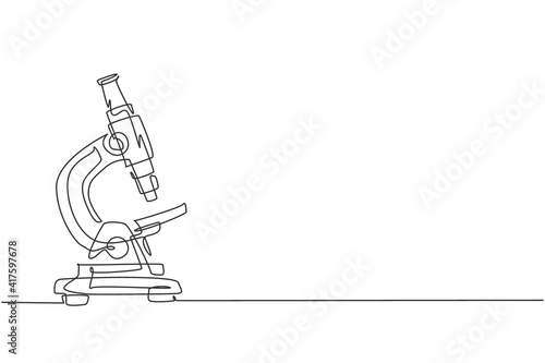 Continuous one line drawing laboratory microscope to help doctor discover vaccine. Back to school hand drawn minimalism concept. Single line draw design for education vector graphic illustration