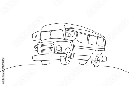 Single one line drawing of old classic school bus for elementary school student. Back to school minimalist, education concept. Continuous simple line draw style design graphic vector illustration